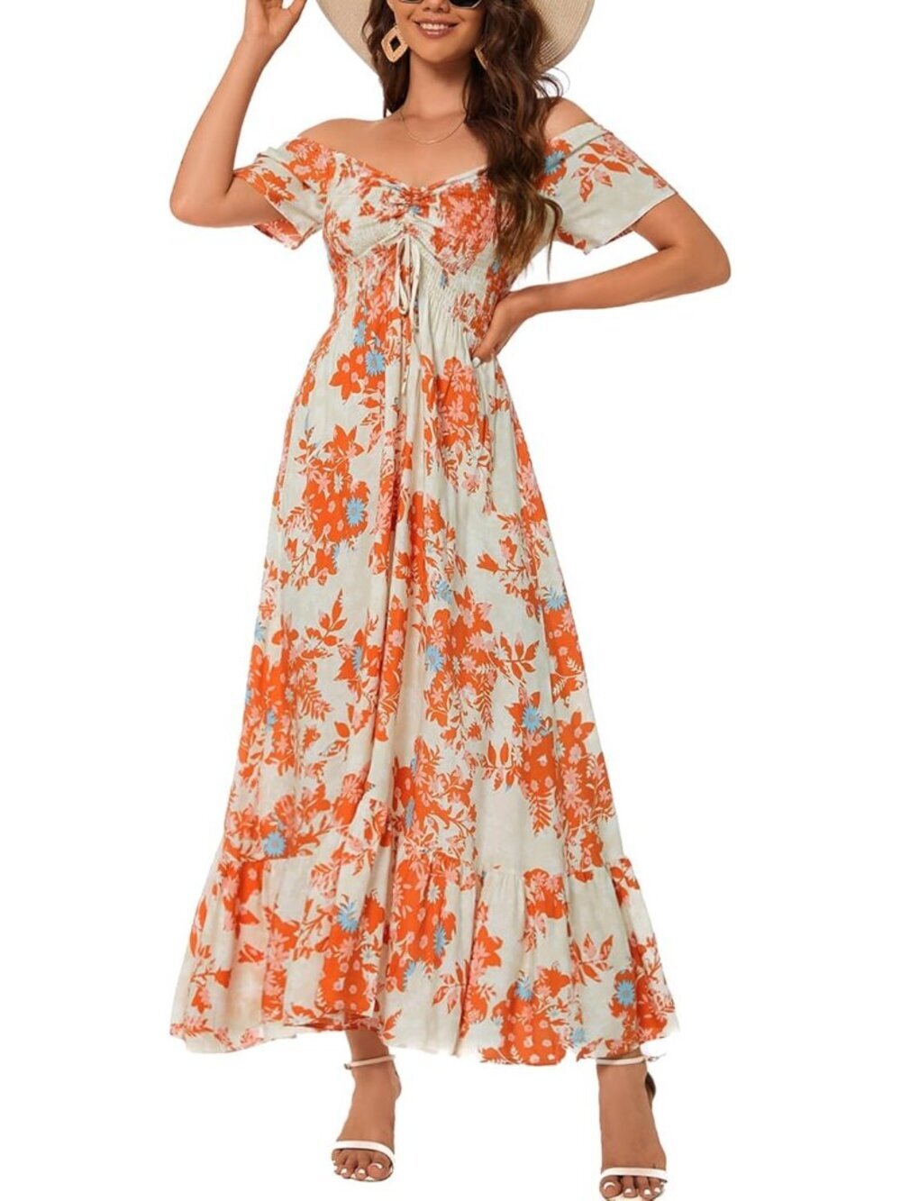 Women's Floral Tangerine Flowy Ruffled Beach Short Lightweight Maxi Dress